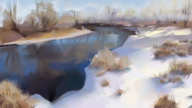 A digital art piece titled "hj_snowpond"
